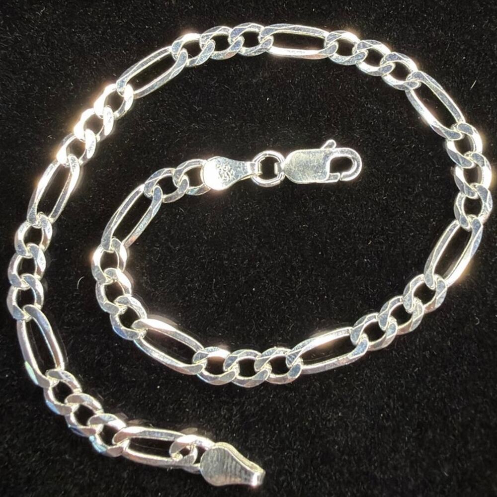 Solid 925 Italian Sterling Silver Figaro Bracelet 8" Long 4.5 Millimeter